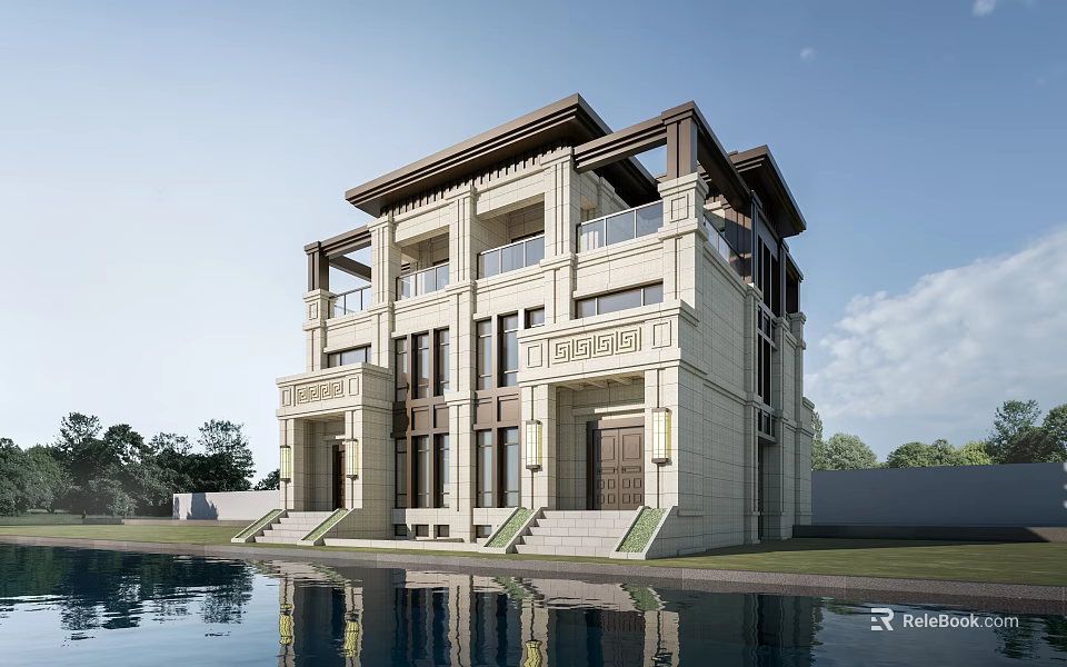 Elegant Classical Style Detached Villa Exterior with Balconies Columns Steps by Pool Lawn and Trees 3d model 