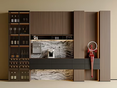 Modern Buffet Cabinet With Wooden Cabinets Marble Backsplash Wine Rack And Coffee Machine 3d model