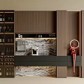Modern Buffet Cabinet With Wooden Cabinets Marble Backsplash Wine Rack And Coffee Machine