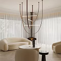 Modern Dining and Living Room Interior with Hanging Chandelier Beige Sofa and Fireplace Design