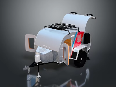 Camping Trailer With Roof Rack Open Doors And Colorful Interior Design 3d model