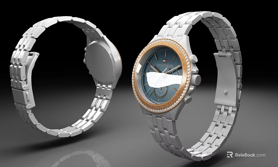 Luxury Modern Watch With Blue Dial Golden Bezel And Silver Stainless Steel Strap 3d model 