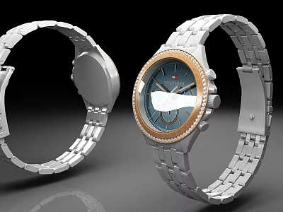 Luxury Modern Watch With Blue Dial Golden Bezel And Silver Stainless Steel Strap 3d model