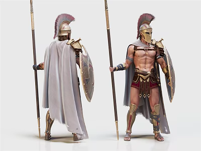 Ancient Greek Warriors In Traditional Armor With Spear Shield And Cloak 3d model