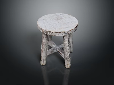 Rustic Wooden Stool With Round Distressed Seat And Crossed Legs Design 3d model