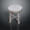 Rustic Wooden Stool With Round Distressed Seat And Crossed Legs Design