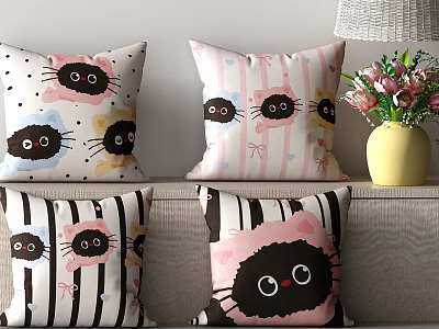 Cartoon Cat Character Pillows With Colorful Patterns Yellow Vase Flowers And Lamp 3d model