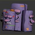 Cartoon Game Characters Purple Block Multiple Forms And Central Jumping Figure Blue Pants Red Shoes