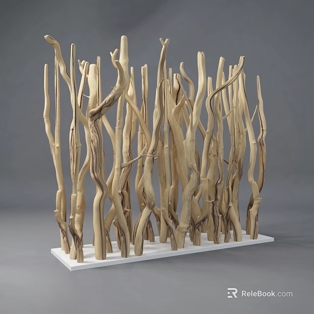 Stone Wood Art Sculpture With Natural Curved Branches And White Base 3d model 