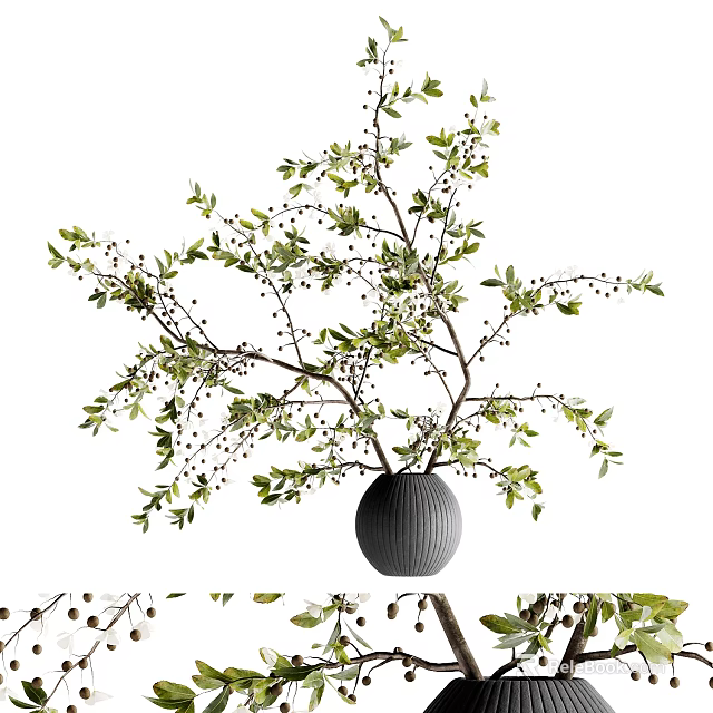Modern Gray Striped Vase with Green Branches and Small Berries 3d model 