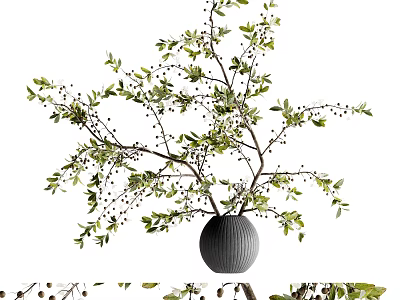 Modern Gray Striped Vase with Green Branches and Small Berries 3d model