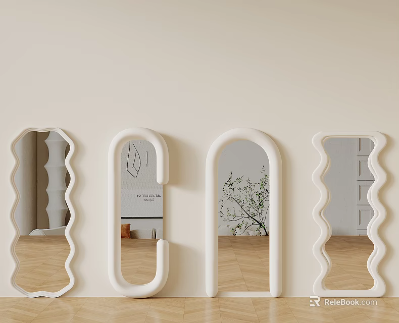 Various Shaped Decorative Mirrors Hanging On Light Interior Wall With Modern Design 3d model