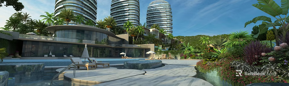 Modern Luxury Hotel Building With Spiral Towers Palm Trees Swimming Pool And Open Air Lounge 3d model 