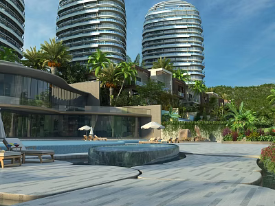 Modern Luxury Hotel Building With Spiral Towers Palm Trees Swimming Pool And Open Air Lounge 3d model