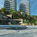 Modern Luxury Hotel Building With Spiral Towers Palm Trees Swimming Pool And Open Air Lounge