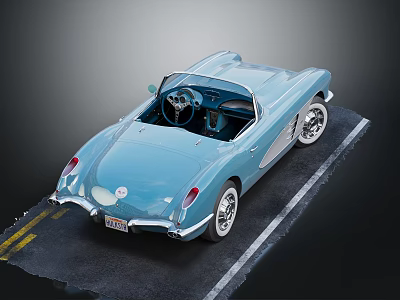 Light Blue Classic Convertible Car with White Wheels and Red Taillights Parked on Road 3d model