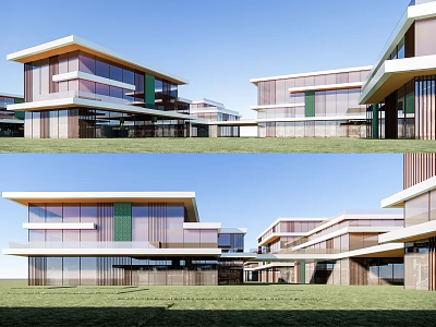 Modern Commercial Street Architecture With Glass Facade And Green Lawn Outdoor Space 3d model