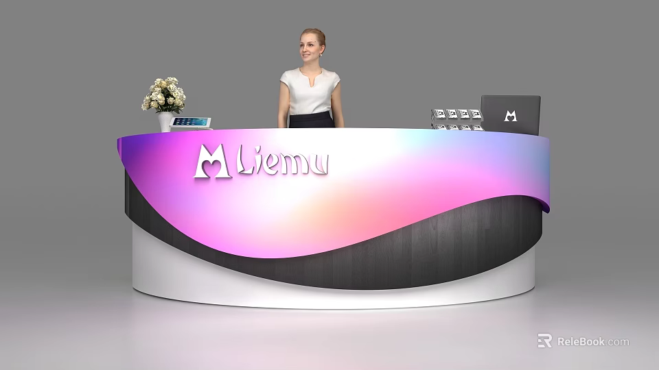 Modern Reception Desk with Pink Purple Gradient Design Company Logo Staff and Flower Vase 3d model 