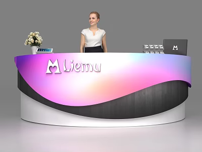 Modern Reception Desk with Pink Purple Gradient Design Company Logo Staff and Flower Vase 3d model