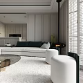 Modern Elegant Living And Dining Area With White Sofa Round Coffee Table Large Windows Blinds