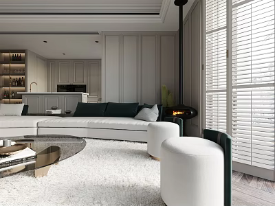 Modern Elegant Living And Dining Area With White Sofa Round Coffee Table Large Windows Blinds 3d model