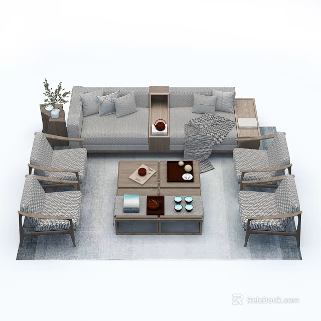 Modern Sofa Coffee Table Set With Pillows Throw Blanket Accent Chairs And Rug 3d model