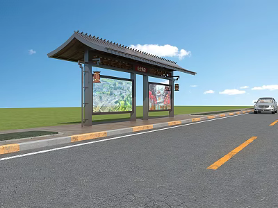 Traditional Style Bus Stop with Classic Roof Billboards and Vehicle on Road Under Blue Sky 3d model