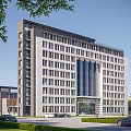Modern High Rise Office Building With Glass Curtain Wall Plaza And Green Lawn