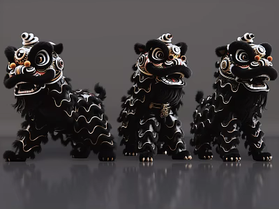 Traditional Black Lion Statues With Ornate Patterns And Gold Accents Three Decorative Figurines 3d model