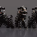 Traditional Black Lion Statues With Ornate Patterns And Gold Accents Three Decorative Figurines