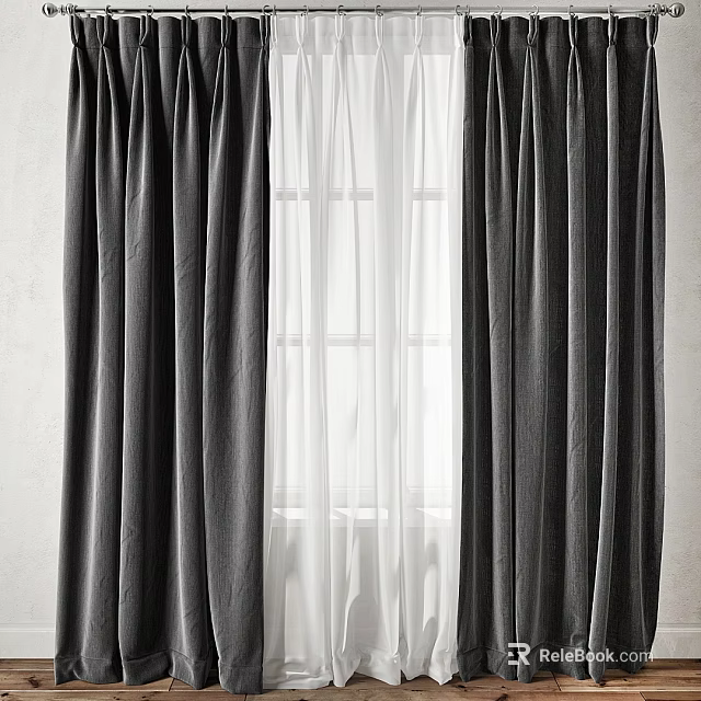 Dark Gray Linen Curtains With White Sheer Panels And Window Decoration 3d model 