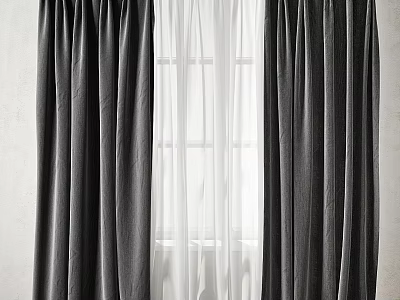 Dark Gray Linen Curtains With White Sheer Panels And Window Decoration 3d model