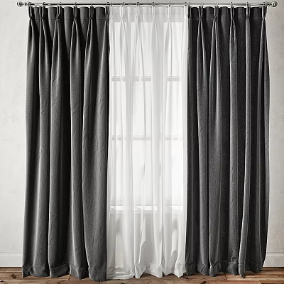 Dark Gray Linen Curtains With White Sheer Panels And Window Decoration 3d model