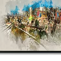 Watercolor Landscape Paintings Four Panel Urban Scenery With Bridge Colorful Buildings And Greenery