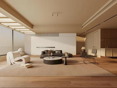 Elegant Modern Living Room Interior With Large Windows Sofa Area Rug And Wooden Floors 3d model