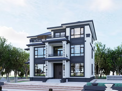 Modern Two Story Detached Villa With Black White Exterior Surrounded By Trees And Steps 3d model