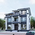 Modern Two Story Detached Villa With Black White Exterior Surrounded By Trees And Steps