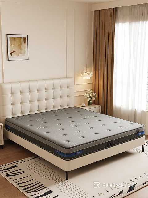 Gray Perforated Mattress On Bed Frame With White Tufted Headboard In Modern Bedroom 3d model 