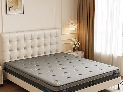 Gray Perforated Mattress On Bed Frame With White Tufted Headboard In Modern Bedroom 3d model