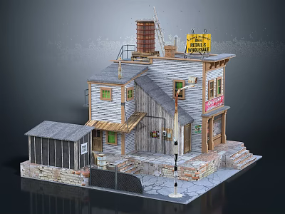 Vintage Two Story Detached House With Wooden Walls Tin Roof Shed Steps And Street Lamp 3d model
