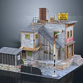 Vintage Two Story Detached House With Wooden Walls Tin Roof Shed Steps And Street Lamp