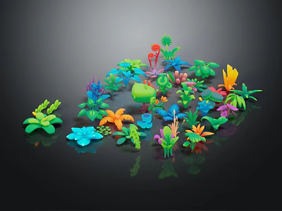 Colorful Cartoon Plant Scene With Vibrant Leaves Flowers And Cute Mushroom Shapes 3d model