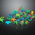 Colorful Cartoon Plant Scene With Vibrant Leaves Flowers And Cute Mushroom Shapes