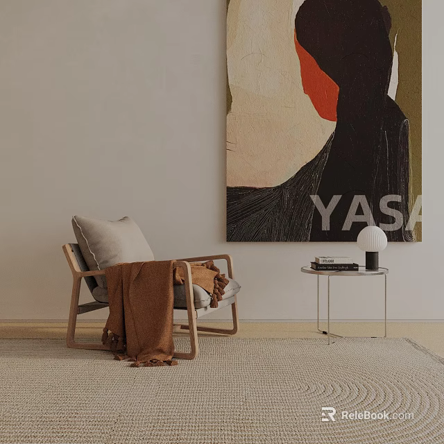 Modern Minimalist Leisure Chair With Blanket Pillow And Side Table By Wall Art On Rug 3d model