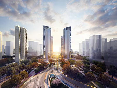 Modern High-rise Residential Landscape With Greenery Walking Paths Sunlight And Cloudy Sky 3d model