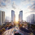 Modern High-rise Residential Landscape With Greenery Walking Paths Sunlight And Cloudy Sky