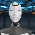 Futuristic Interior With Humanoid Robot Blue And White Illuminated Lights Circular Ceiling Structures Control Consoles