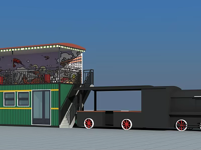 Two Story Green Container Building with Balcony Graffiti Decorated Black Extension with Wheels and Staircase 3d model