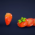 Fresh Red Strawberries With Green Leaves Whole And Sliced On Dark Blue Background