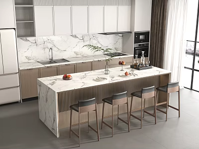 Modern Kitchen Bar Counter Interior With Marble Top And Wooden Bar Stools 3d model